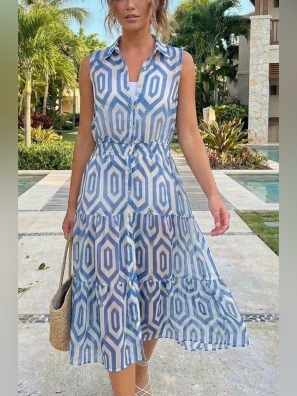 NEW Alex &  Parker Green and White Midi Dress w Gold Buttons & Embellishment